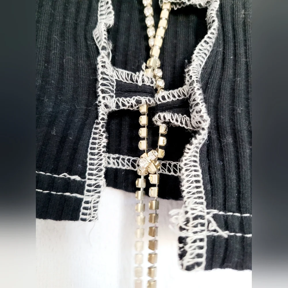 Rhinestone Crop Top Ribbed Contrast Stitching Black Lace Up Front XS